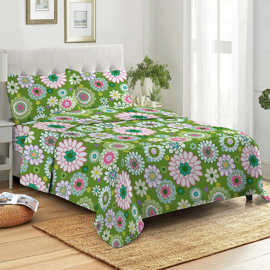 3 Piece - Green Floral Print Bed Sheet Set - 3059