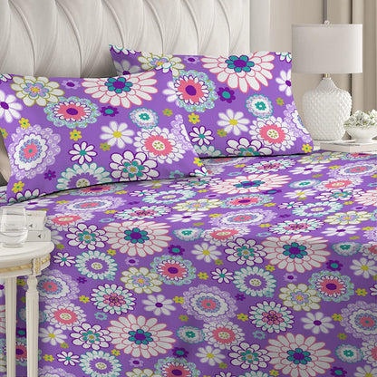 3 Piece - Purple Floral Printed Bed Sheet Set - 3060