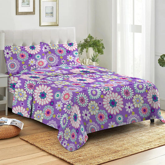 3 Piece - Purple Floral Printed Bed Sheet Set - 3060