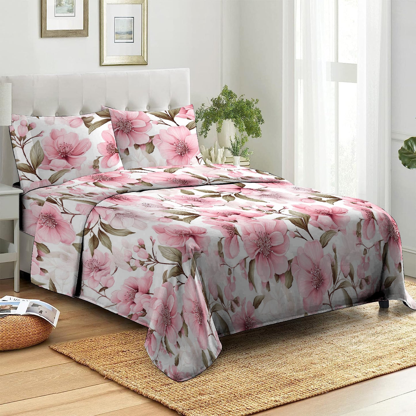 3 Piece - Grand Pink Rose Printed Bed Sheet