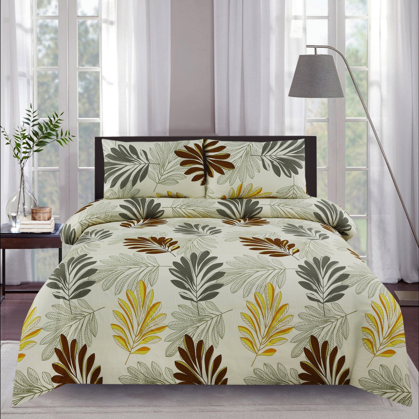 6 Piece - Brown Leaf Printed Duvet Cover Set