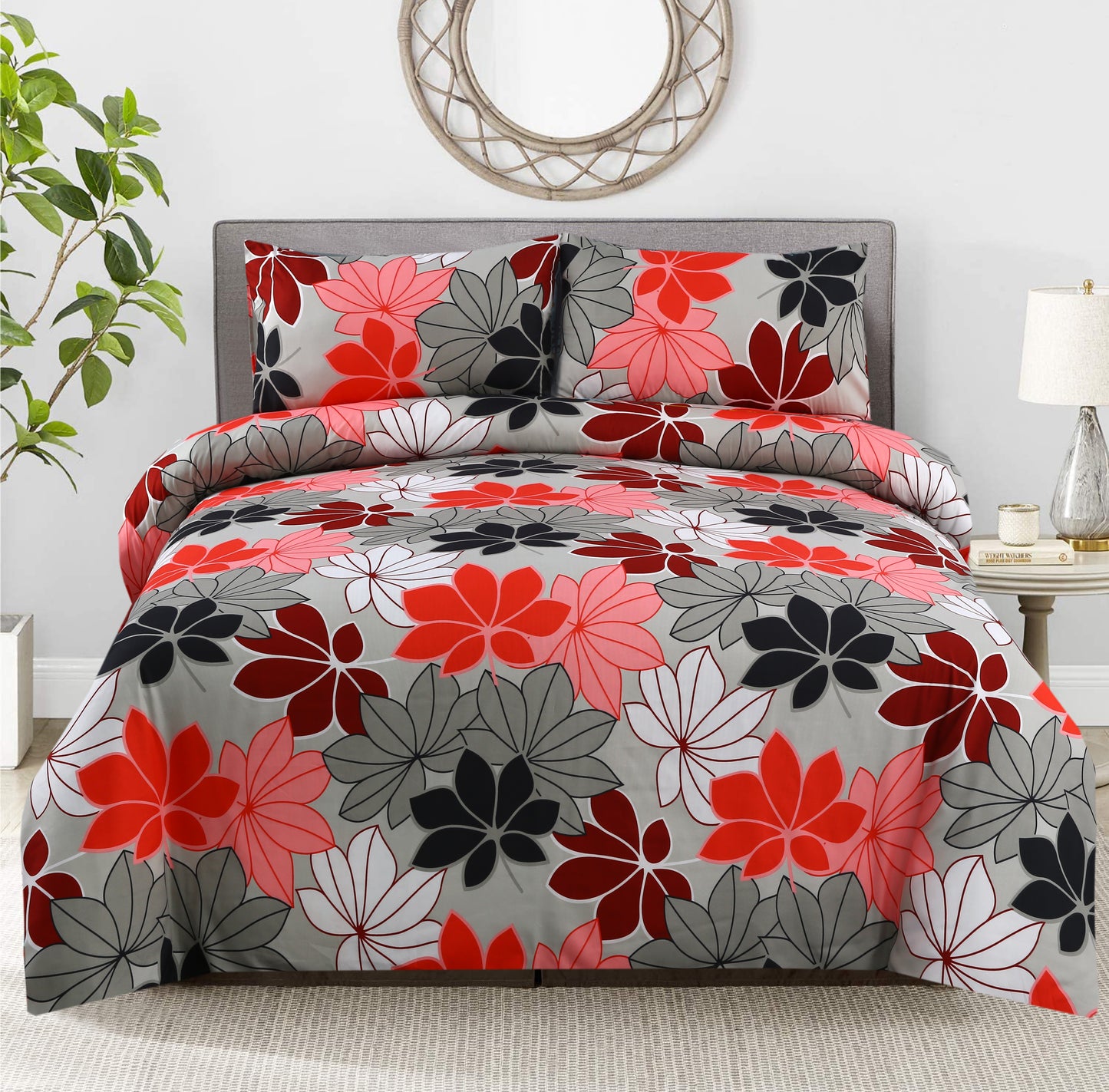 3/6 Piece - Gray and Red Floral Set - 3276