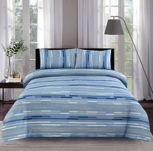 6 Piece - Blue, White and beige Linear Printed Duvet Cover Set