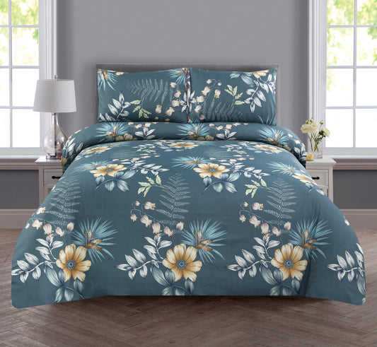 6 Piece - Gold Flower on Grey Printed Duvet Cover Set