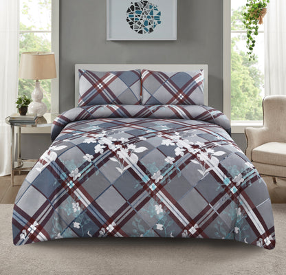 6 Piece - Maroon Check on Grey Floral Printed Duvet Cover Set
