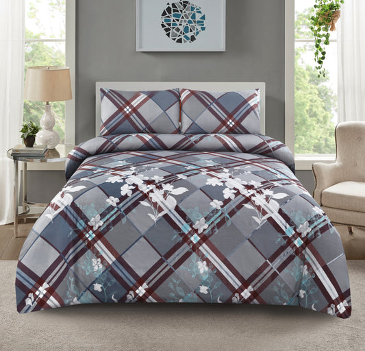 6 Piece - Maroon Check on Grey Floral Printed Duvet Cover Set