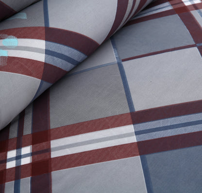 6 Piece - Maroon Check on Grey Floral Printed Duvet Cover Set