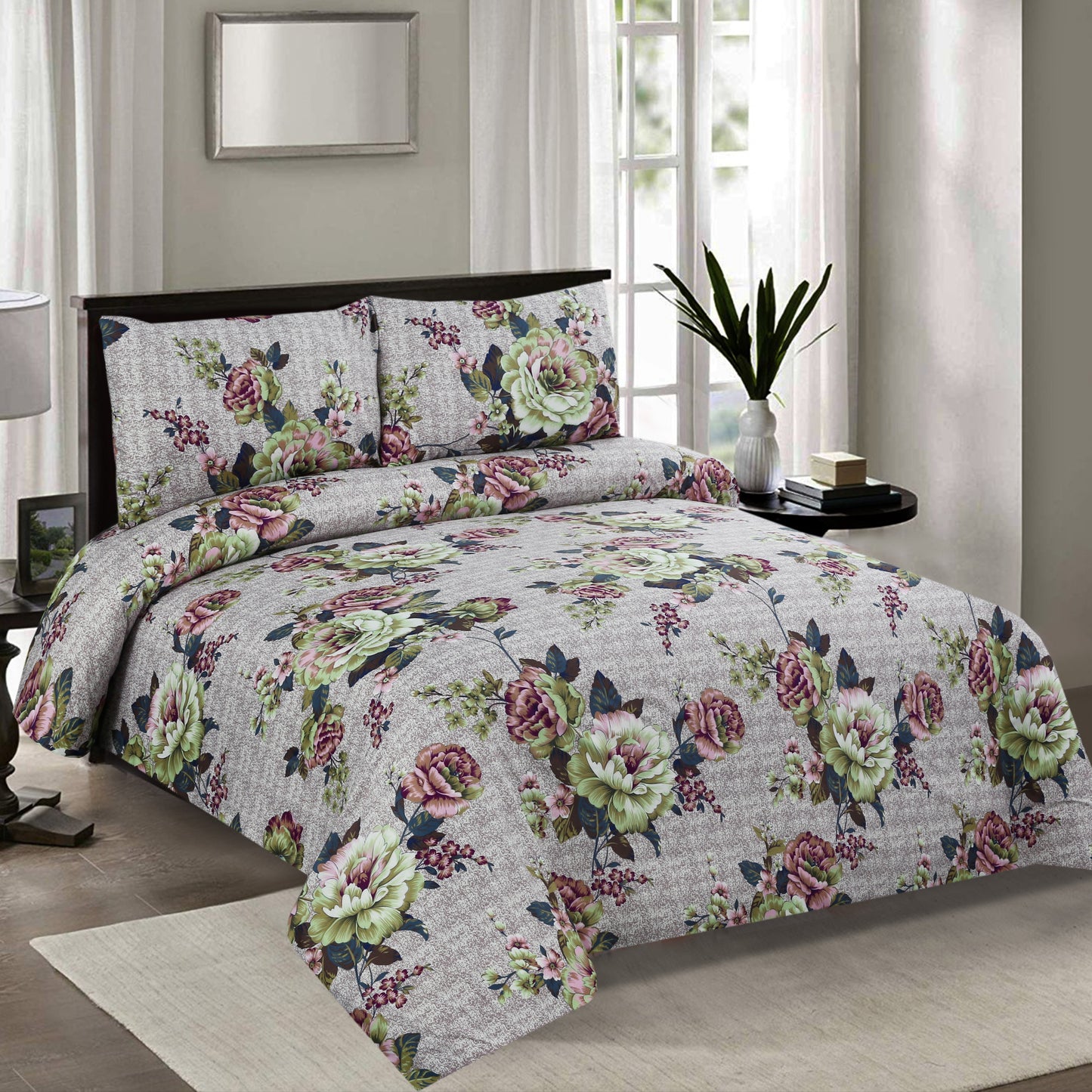 6 Piece - Light Grey Floral Chintz Printed Duvet Cover Set