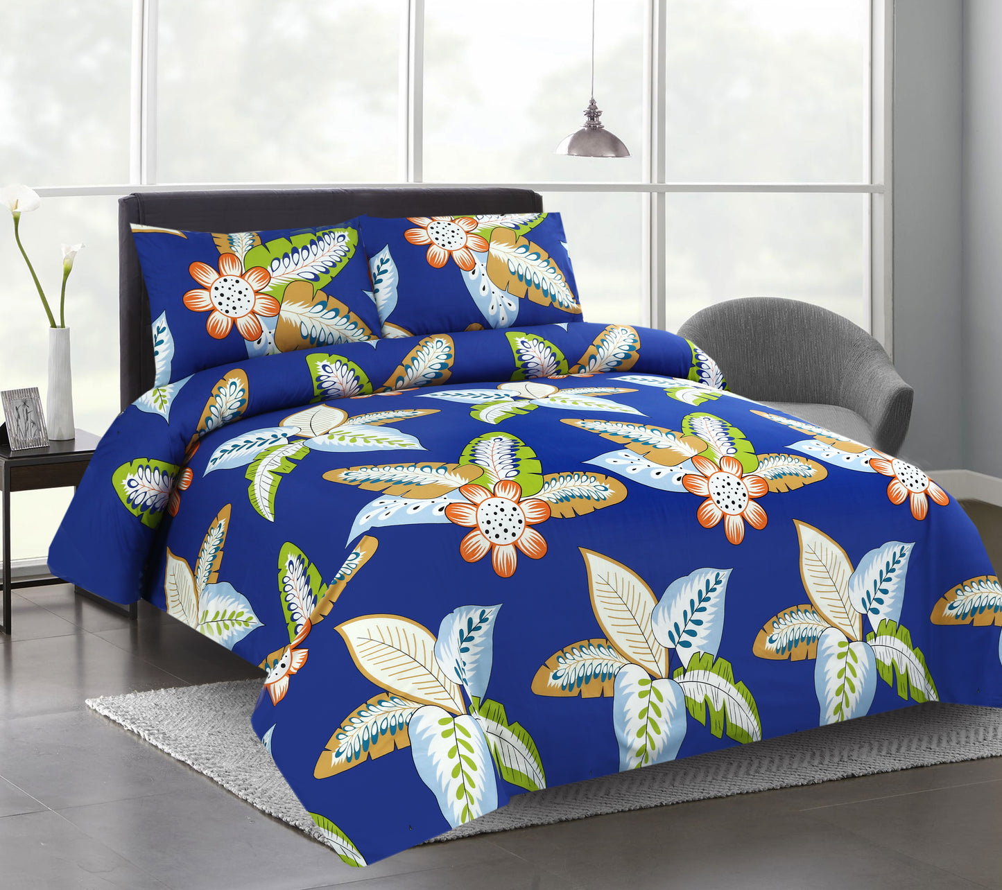 6 Piece - Blue Multi Leaves Printed Duvet Cover Set