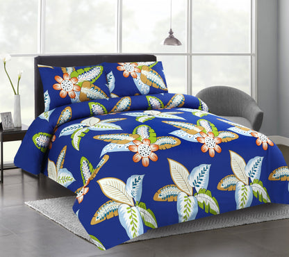 6 Piece - Blue Multi Leaves Printed Duvet Cover Set