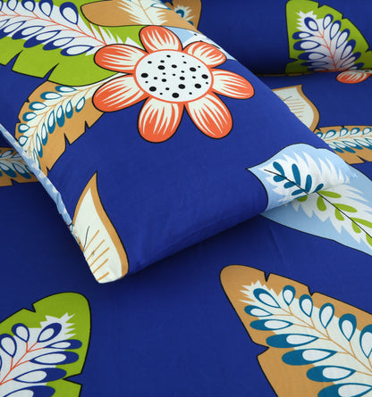 6 Piece - Blue Multi Leaves Printed Duvet Cover Set