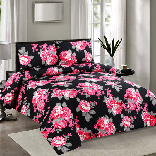 6 Piece - Pink Roses on Black Printed Duvet Cover Set