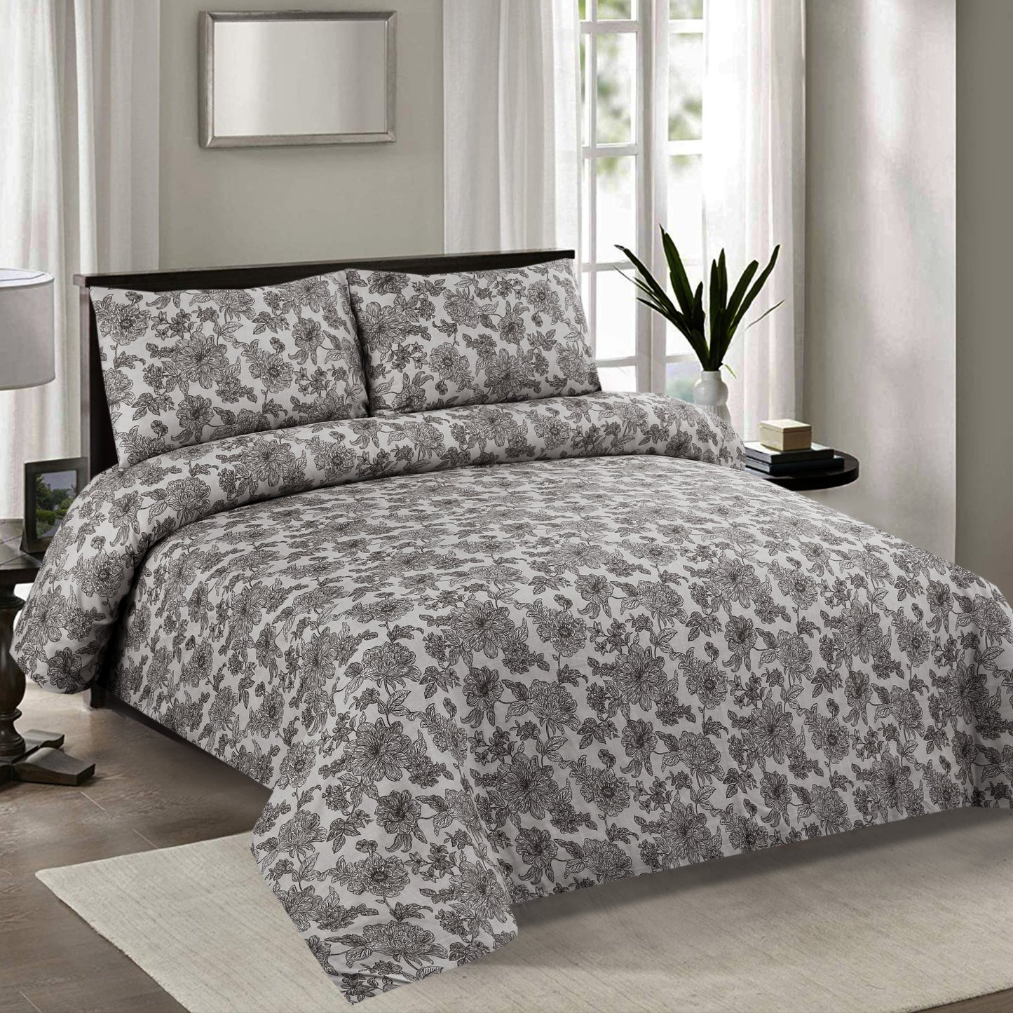 6 Piece - Grey Flowered Printed Duvet Cover Set