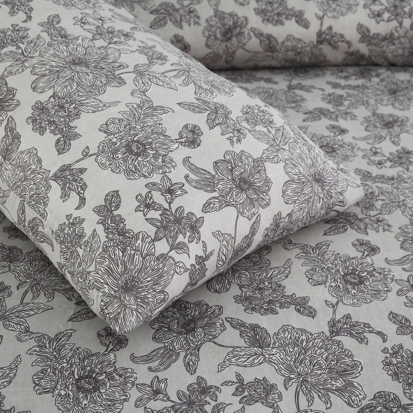 6 Piece - Grey Flowered Printed Duvet Cover Set