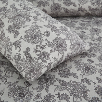 6 Piece - Grey Flowered Printed Duvet Cover Set