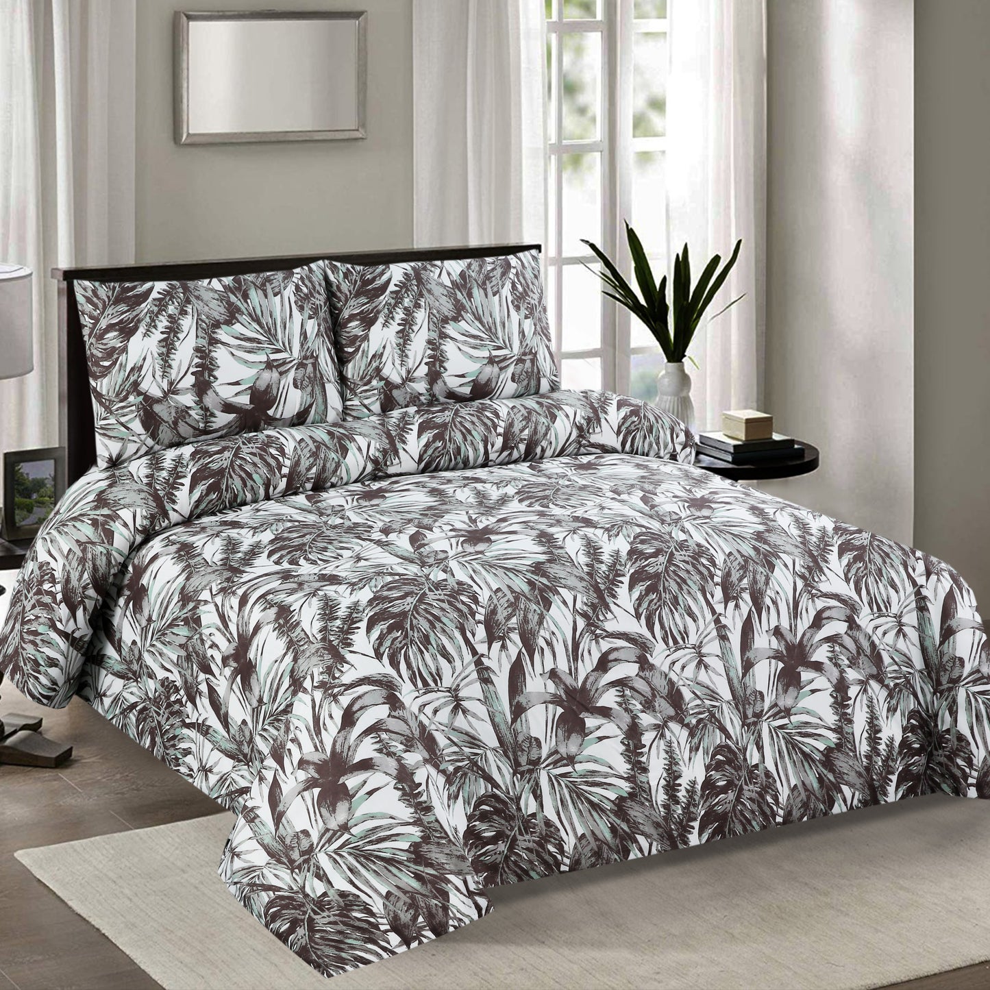 6 Piece - Palm Leaves Flowered Printed Duvet Cover Set