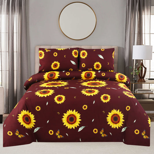 6 Piece - Chocolate Brown Sunflower Printed Duvet Cover Set