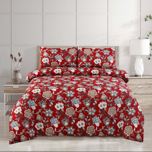 6 Piece -  Red Floral Chintz Printed Duvet Cover Set