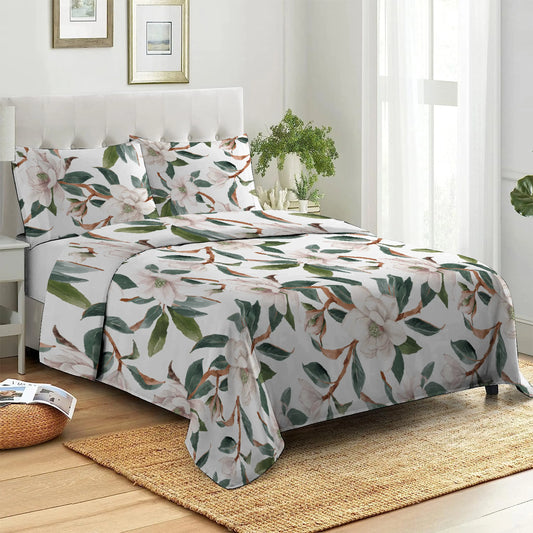 3 Piece - Mangolia White Printed Bed Sheet Set - 2054