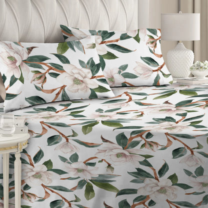 3 Piece - Mangolia White Printed Bed Sheet Set - 2054