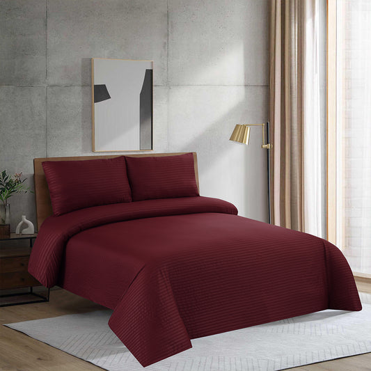 3 Piece - Wine Red Horizental Striped Bed Sheet Set - 3048