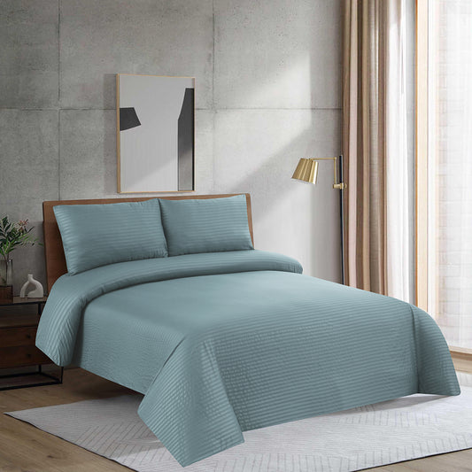 3 Piece - Pale Aqua Satin Stripe Bed Sheet Set - 3045
