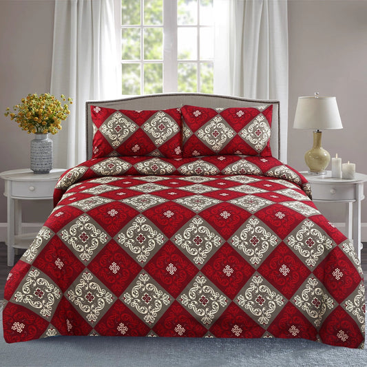 3 Piece - Red, Gray, and White Geometric Floral Printed Bed Sheet Set - 3119