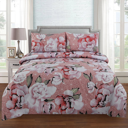 6 Piece - Pink and White Peony Printed Duvet Cover Set