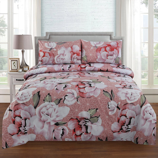 3 Piece - Pink and White Peony Printed Bed Sheet Set - 3120
