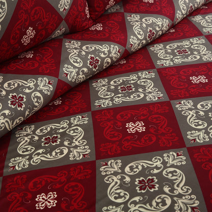 6 Piece - Red, Gray, and White Geometric Floral Printed Duvet Cover Set