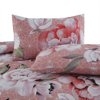 6 Piece - Pink and White Peony Printed Duvet Cover Set